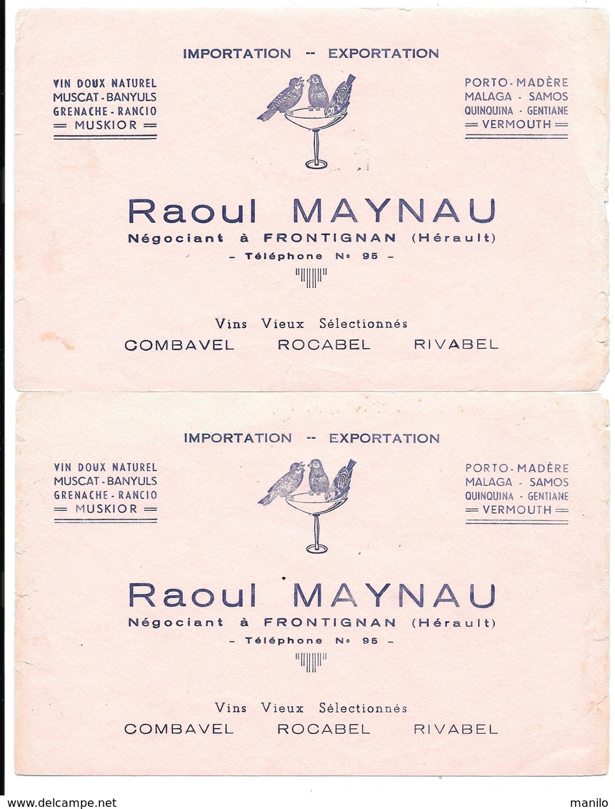 2 Buvards Anciens VINS & SPIRITUEUX - RAOUL MAYNAU à FONTIGNAN (Hérault) COMBAVEL ROCABEL RIVABEL Illustr.OISEAUX Lithog - Alimentare