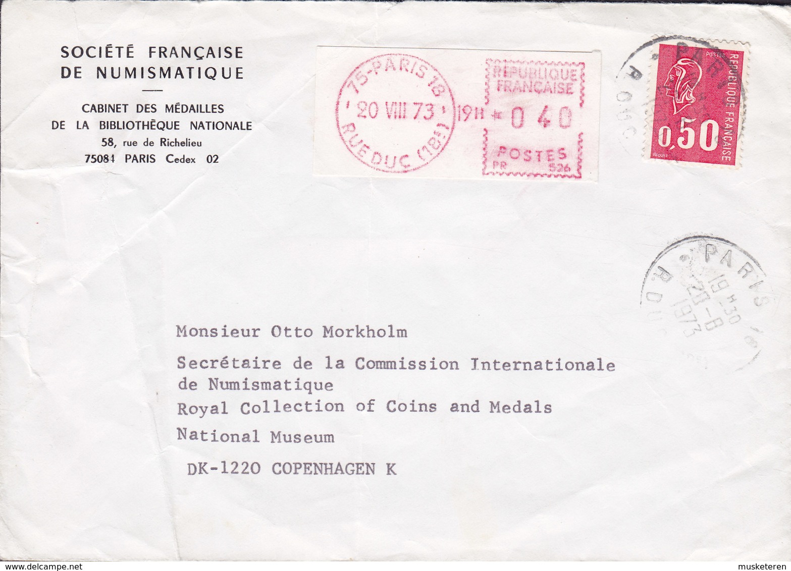 France SOCIETE FRANCAISE De NUMISMATIQUE, PARIS Rue Duc 1973 ATM / Frama Label Upfranked W. Marianne Béquet Timbre - 1971-1976 Marianne (Béquet)