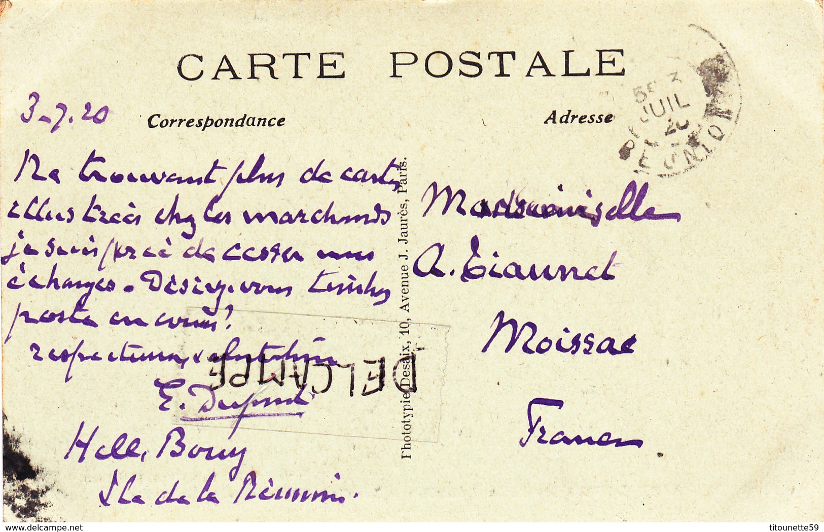 Saint-DENIS (Ile De La Réunion)-Le CAP BERNARD-L'ABATTOIR-Ecrite Le 3 Juil. 1920 à HELL-Bourg-2 Timbres-2 Cachets - Saint Denis