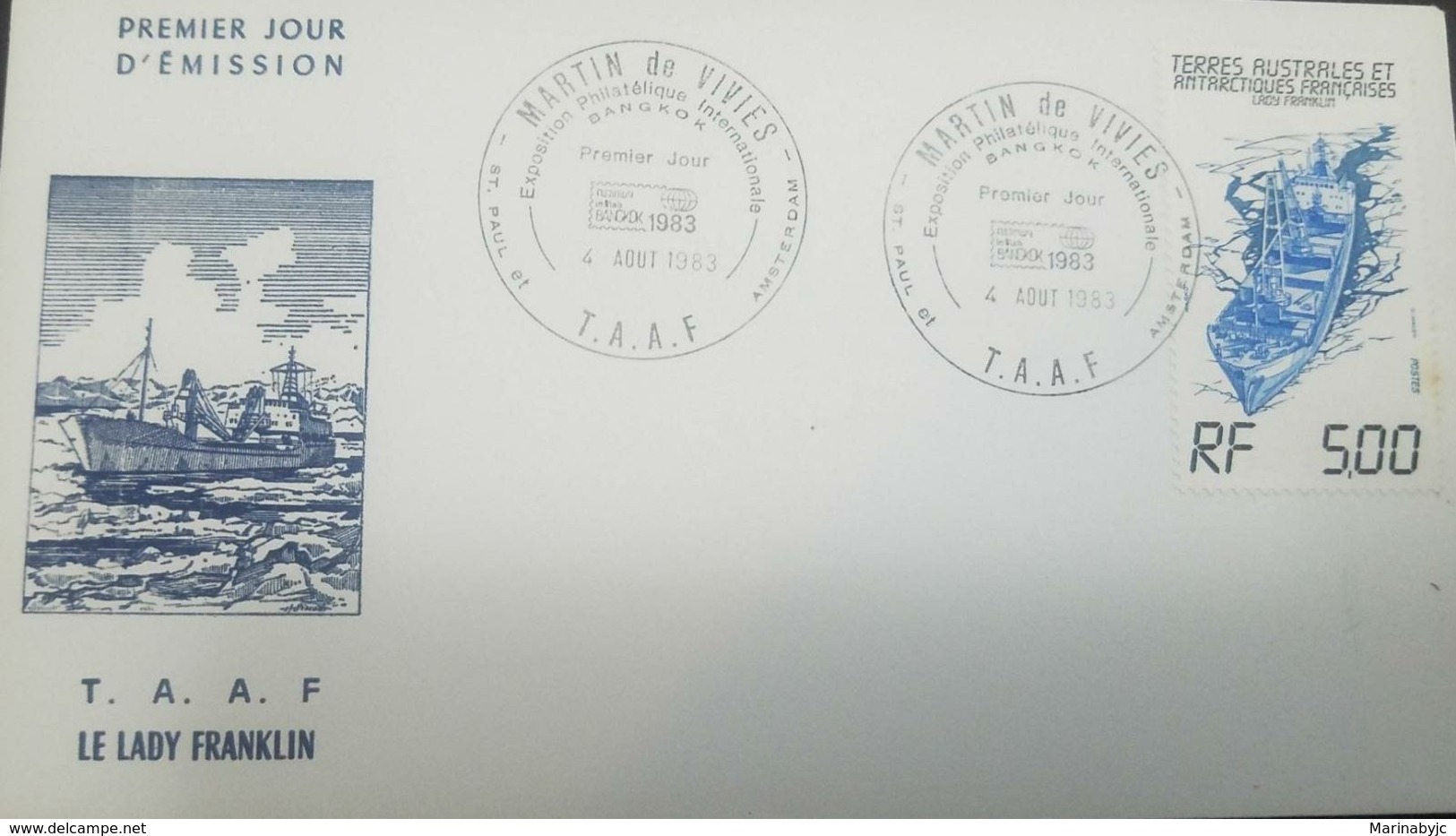 L) 1983 FRENCH SOUTHERN AND ANTARCTIC LANDS, BOAT, BLUE, 500RF, TAAF, THE LADY FRANKLIN, FDC - FDC