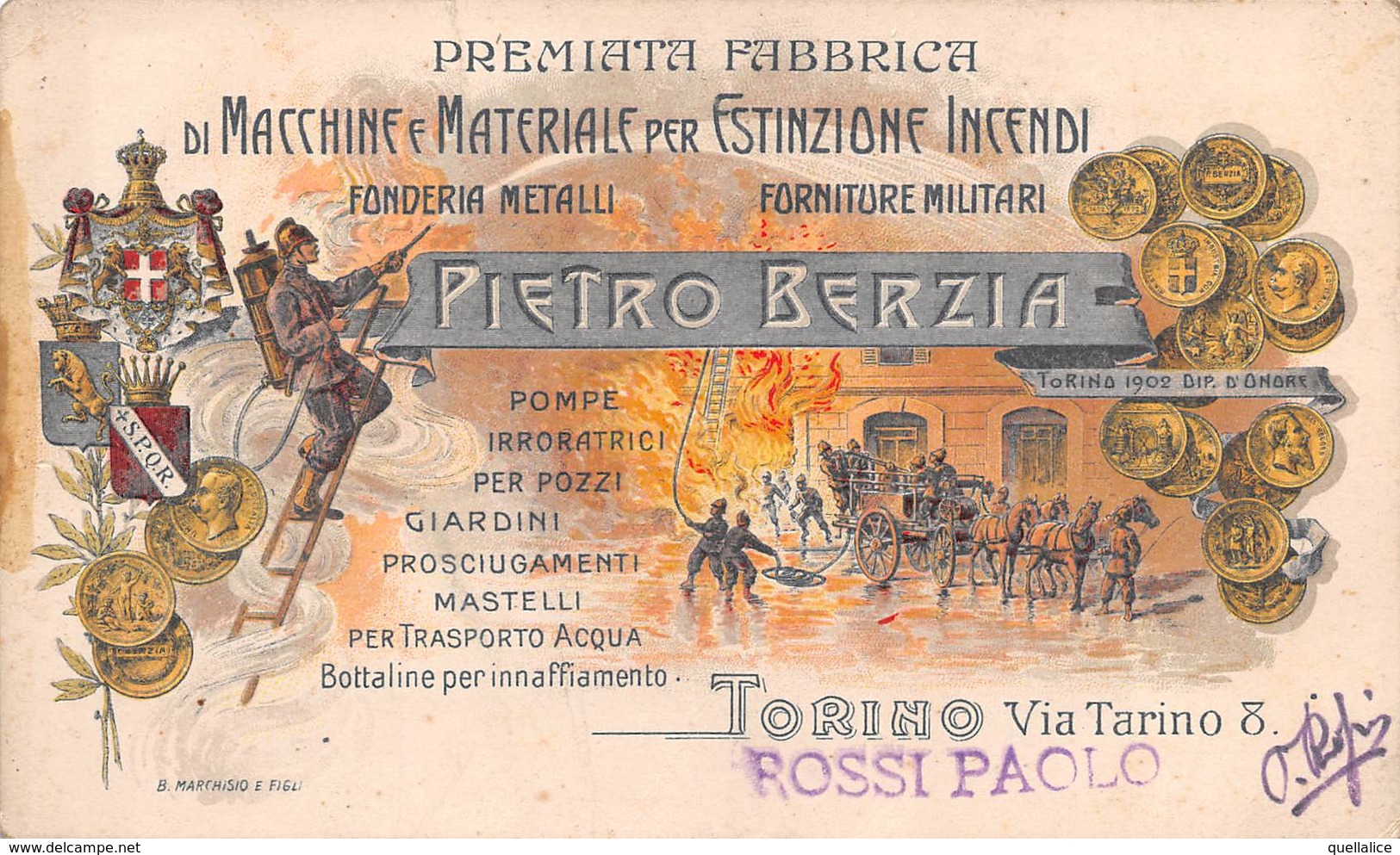 0030 "PIETRO BERZIA - TORINO - FABBRICA MACCHINE E MATERIALE PER ESTINZIONE INCENDI"  POMPIERI.BIGLIETTO DA VISITA ORIG. - Cartes De Visite