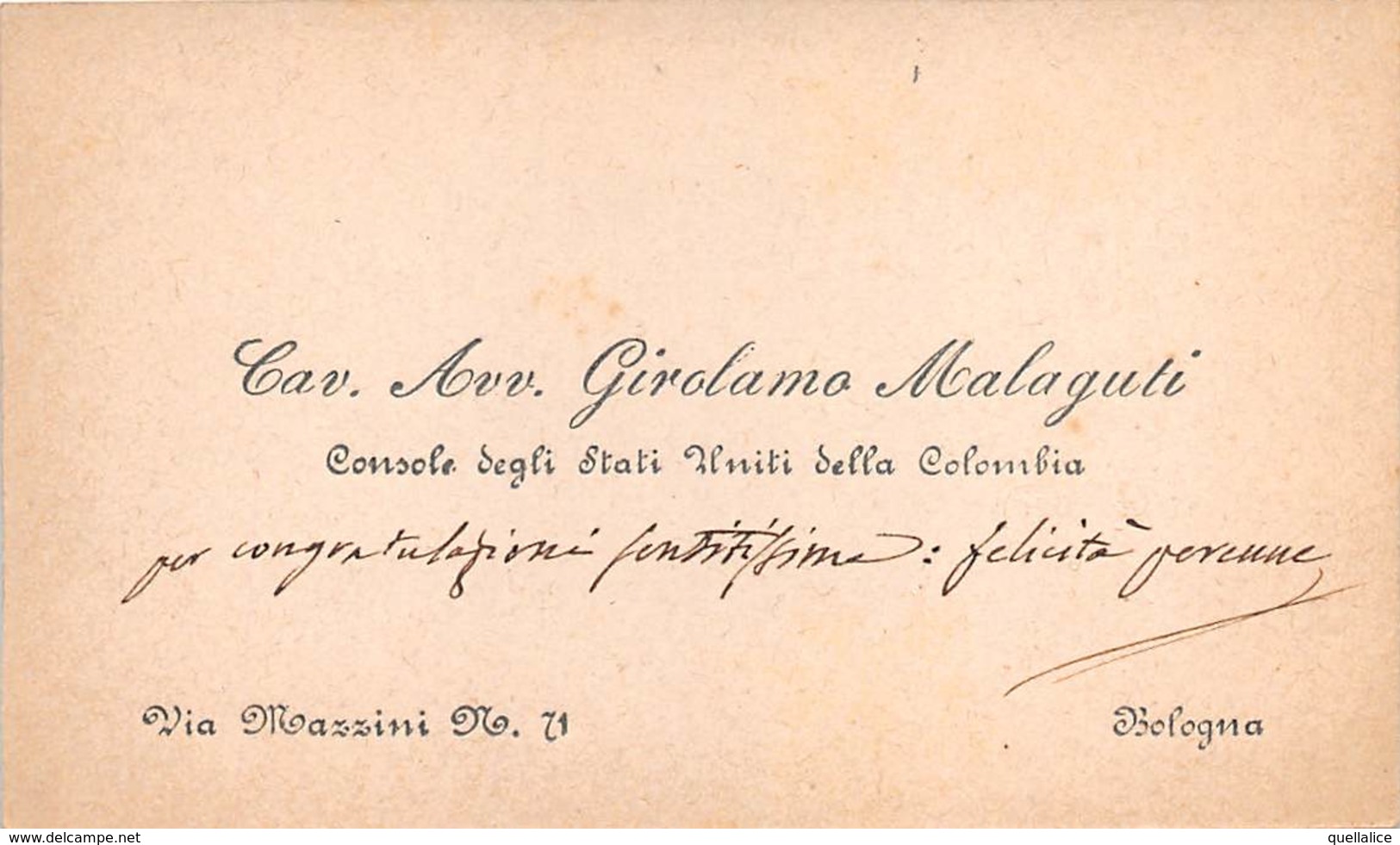 0039 "CAV. AVV. GIROLAMO MALAGUTI - BOLOGNA - CONSOLE DEGLI STATI UNITI DELLA COLOMBIA" BIGL. DA VISITA ORIG.9 - Cartes De Visite