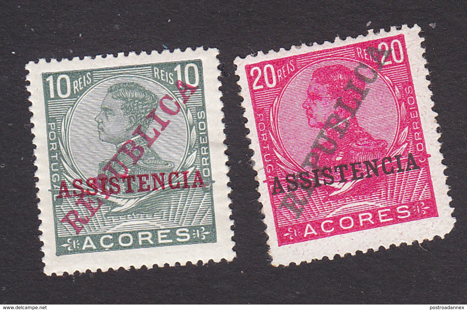 Azores, Scott #128, 130, Mint Hinged, King Manuel II Overprinted, Issued 1910 - Açores