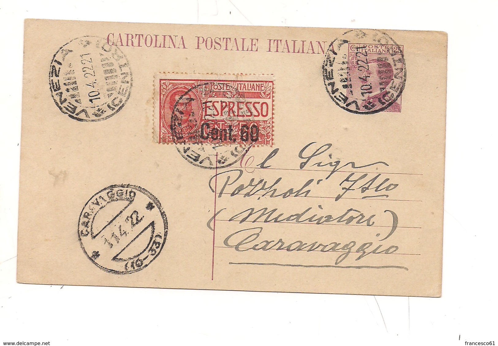 2304) 1922 INTERO POSTALE 25C MICHETTI + ESPRESSO 50 SU 60C  VENEZIA CARAVAGGIO FRAZIONARIO - Postwaardestukken