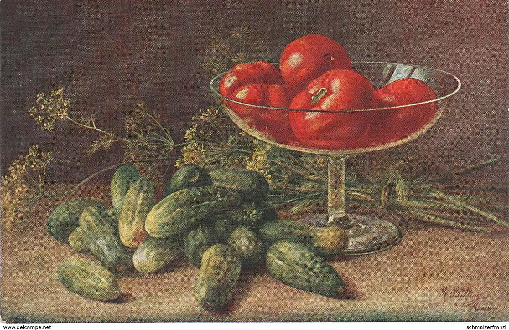 Künstlerkarte AK M. Billing Stillleben Sommer Tomaten Gurken Kräuter Kunst Art Malerei München - Billing, M.