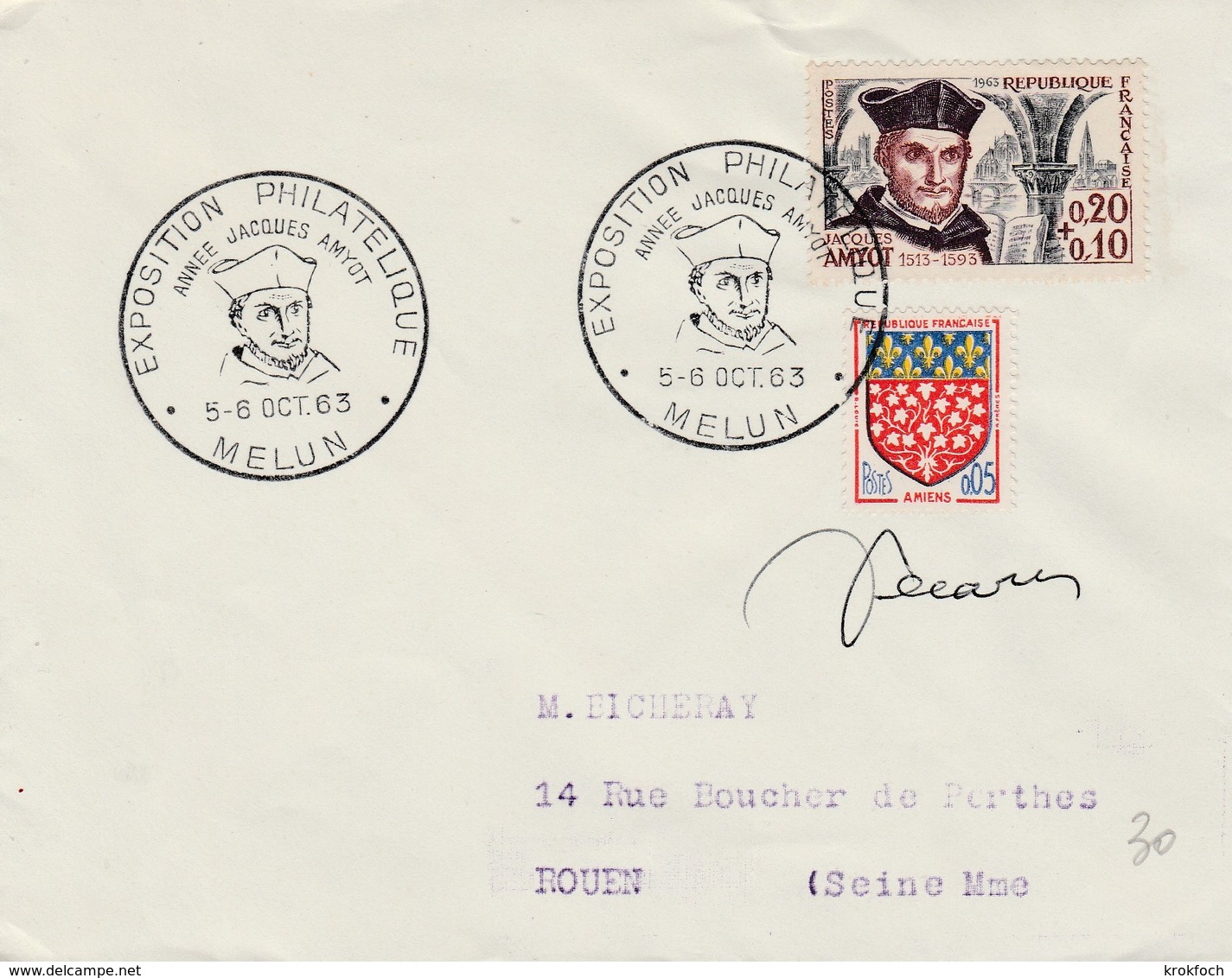 Melun 1963 - Expo Philatélique Jacques Amyot - Lettre Entière - Autographe Decaris - Bolli Commemorativi