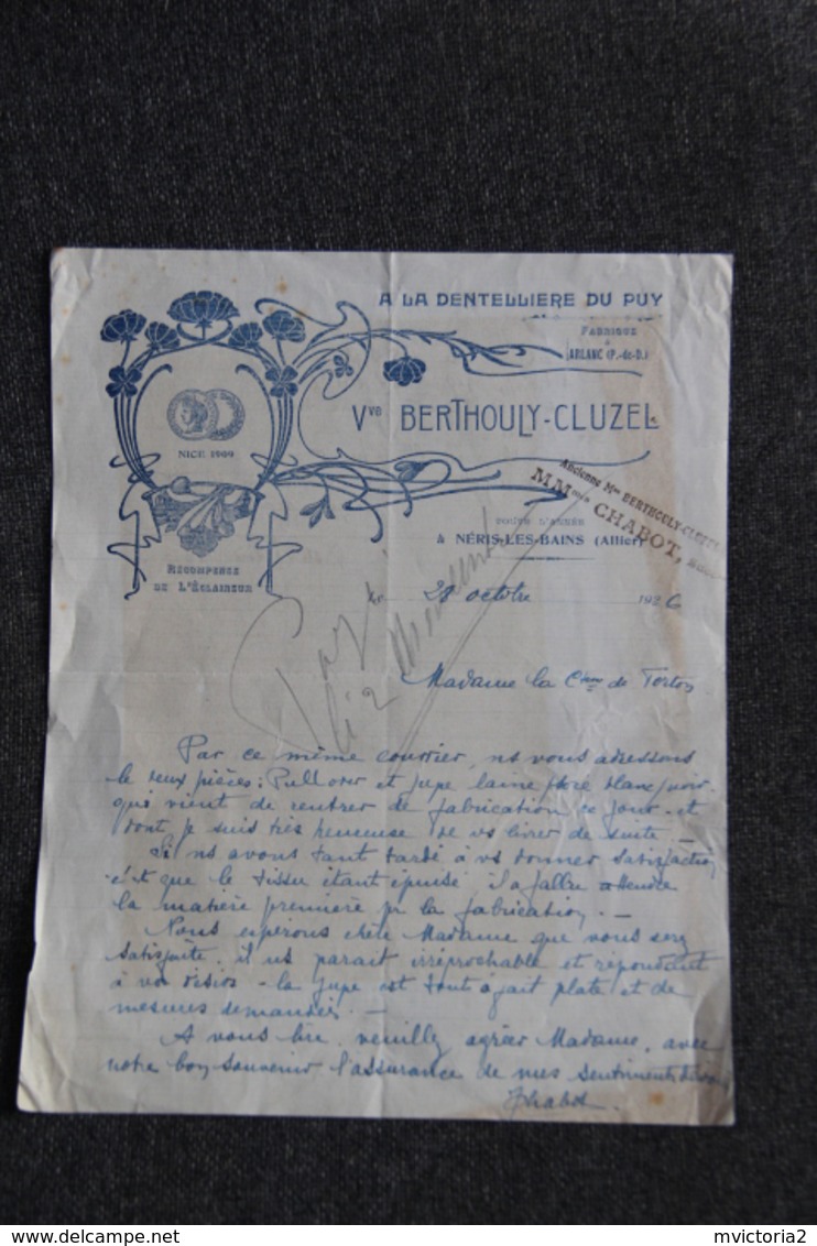 Facture Ancienne - NERIS LES BAINS, Vve BERTHOULY CLUZEL, " A La Dentellière Du PUY". - 1900 – 1949