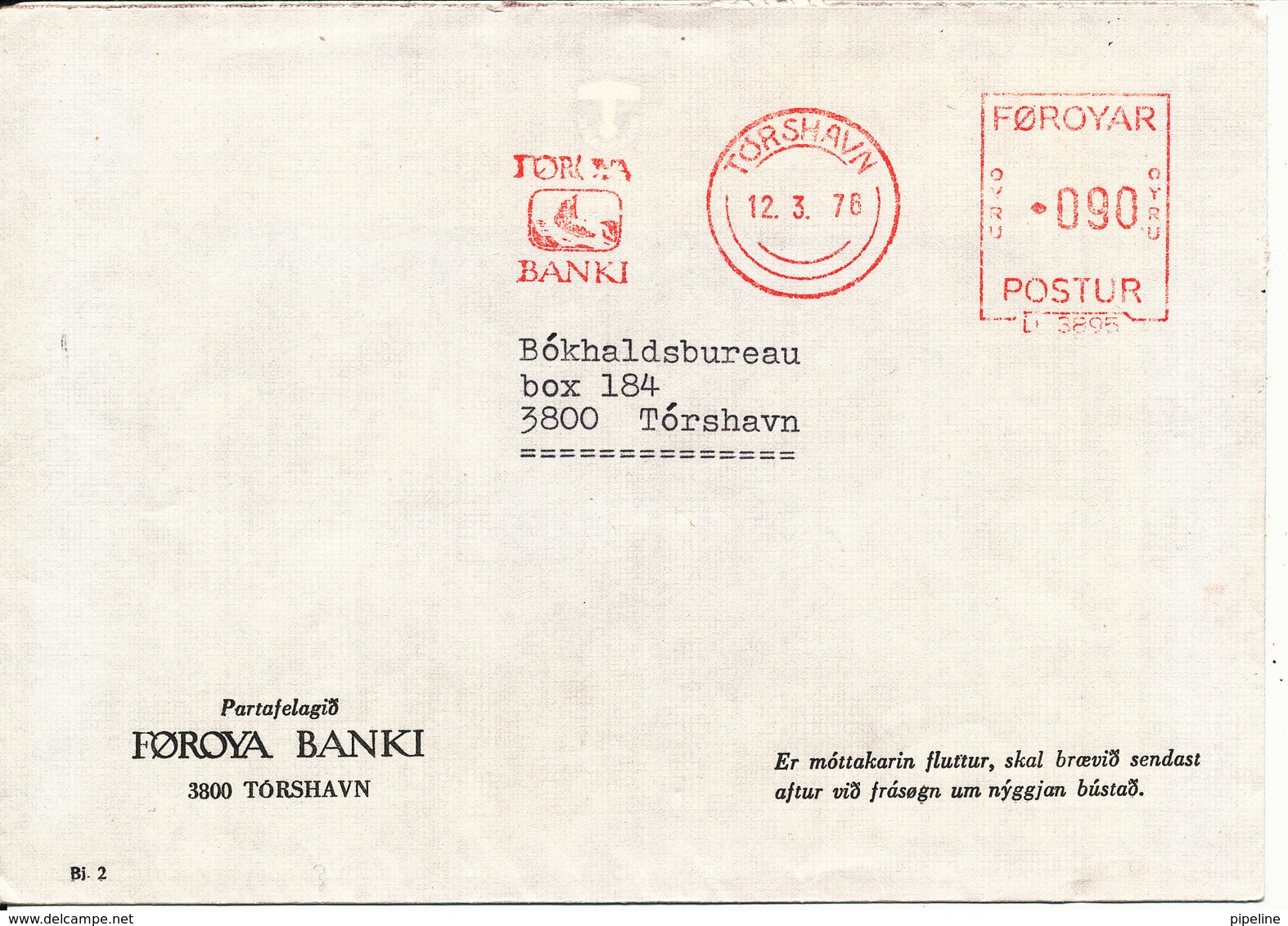 Faroe Islands Bank Cover With Meter Cancel Torshavn 12-3-1976 (Föroya Banki) - Faroe Islands