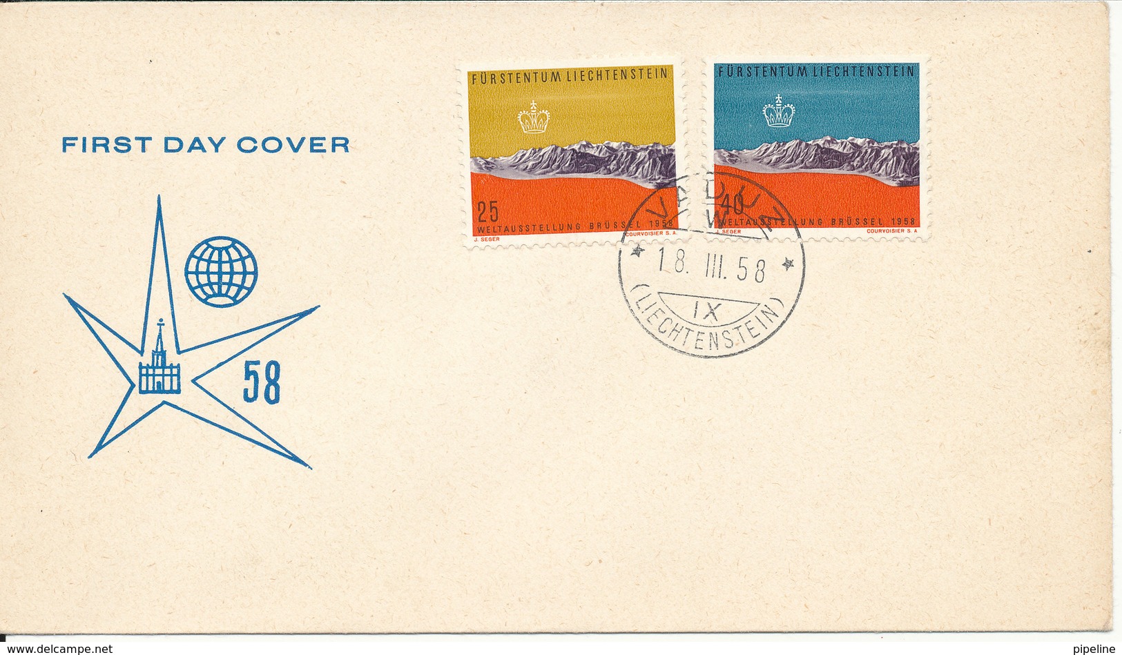 Liechtenstein FDC 18-3-1958 Expo 58 Brussel Complete Set Of 2 With Cachet - FDC