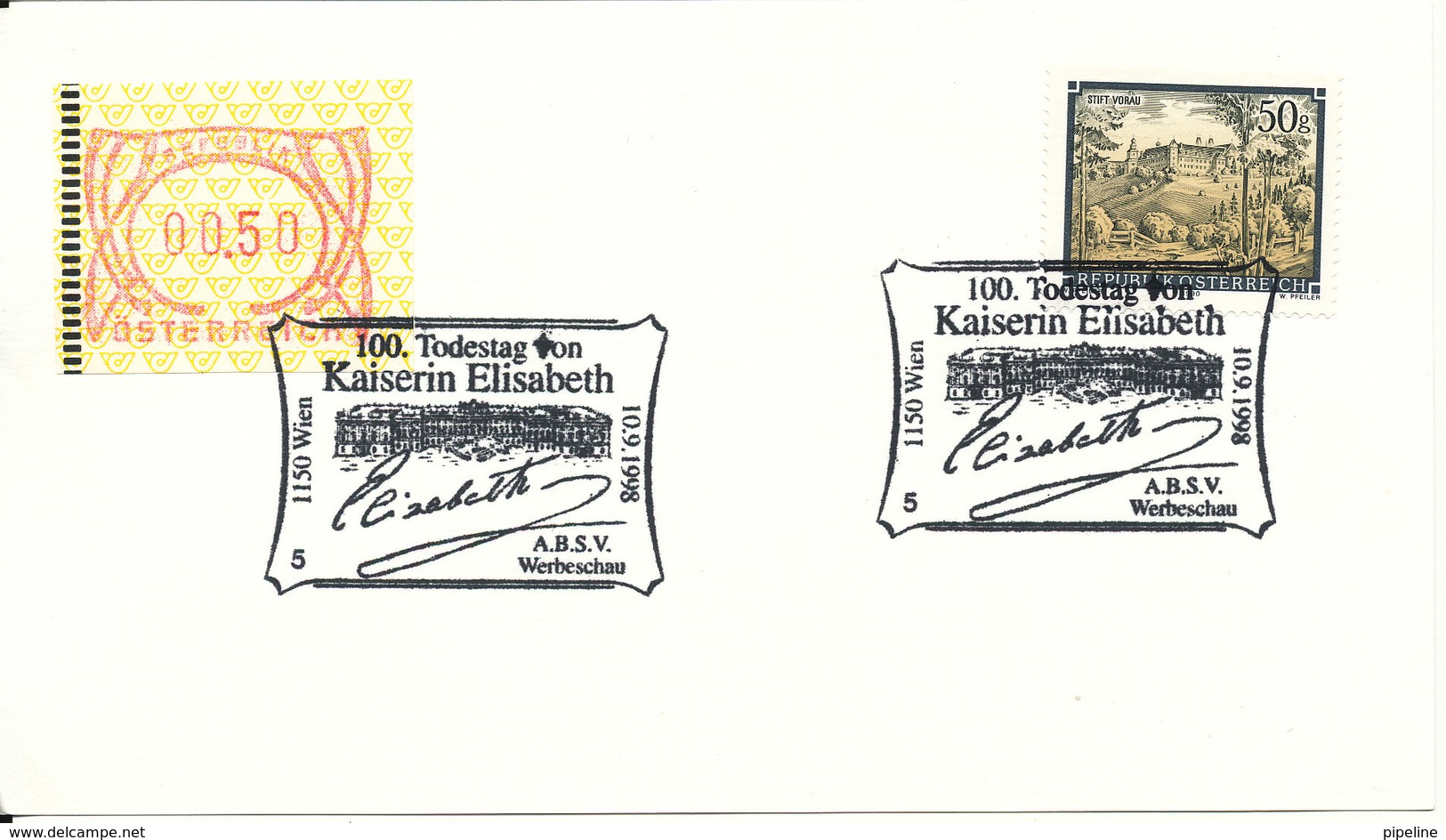 Austria Card With Stamp And ATM Label 100. Todestag Von Kaiserin Elisabeth Wien 10-9-1998 - Lettres & Documents