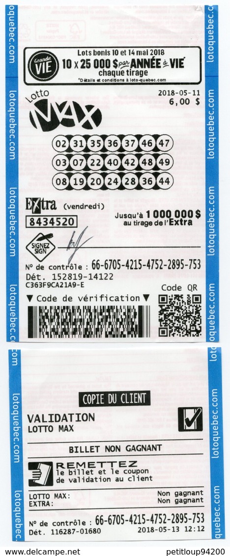 1 JEU LOTO  Lotoquebec CANADA - Billets De Loterie