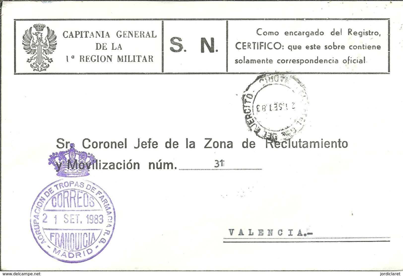 FRANQUICIA AGRUPACION TROPAS FARMACIA 1983 - Military Service Stamp