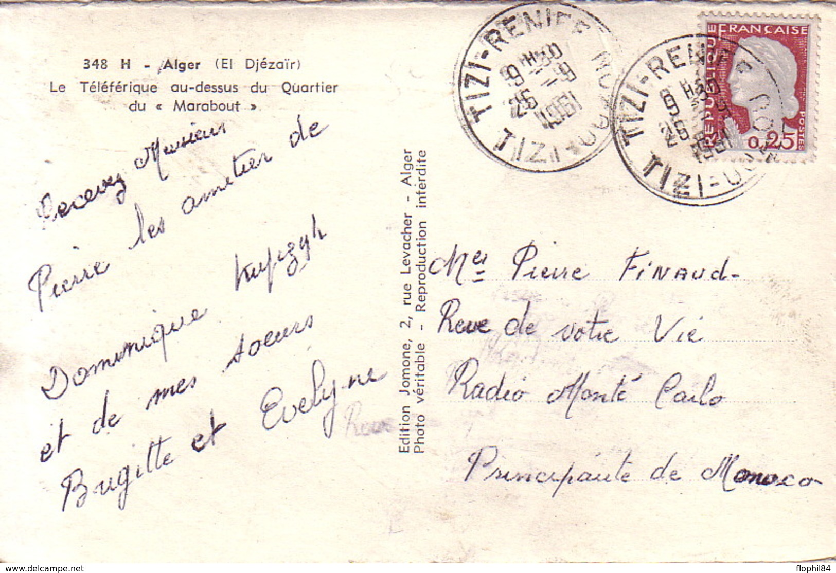 ALGERIE - MARIANNE DECARIS - TIZI-RENIFE - TIZI-OUZOU - 26-9-1961 - CARTE POSTALE ALGER (ELDJEZAIR) COTE 17€. - Covers & Documents