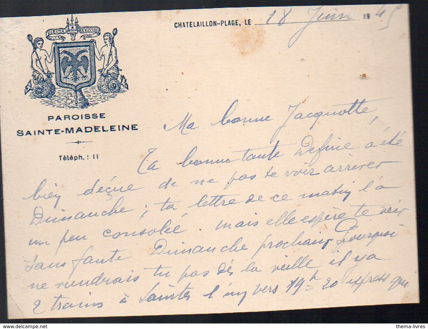 Châtelaillon (17 Charente Maritime ) Carte Manuscrite à Entête PAROISSE STE MADELEINE  1945(PPP12921) - Non Classés