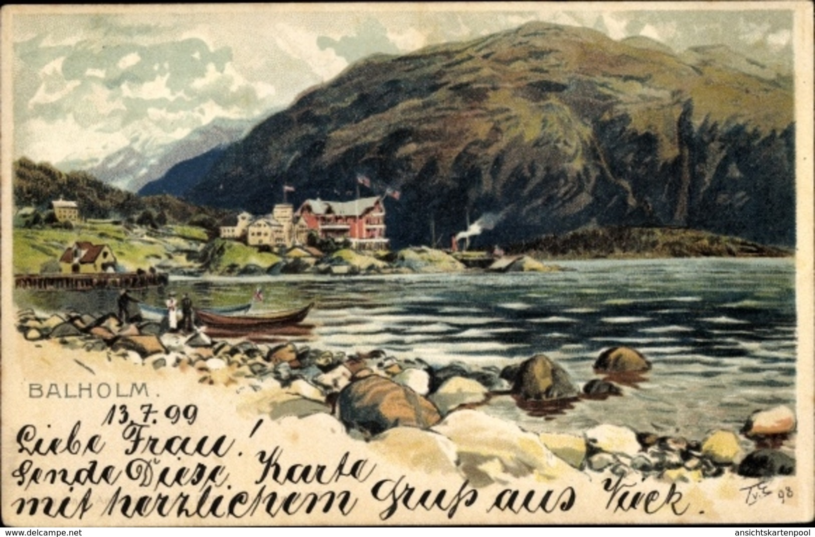 Artiste Lithographie Eckenbrecher, Themistokles Von, Balholm Norwegen, Wasserpartie - Norwegen