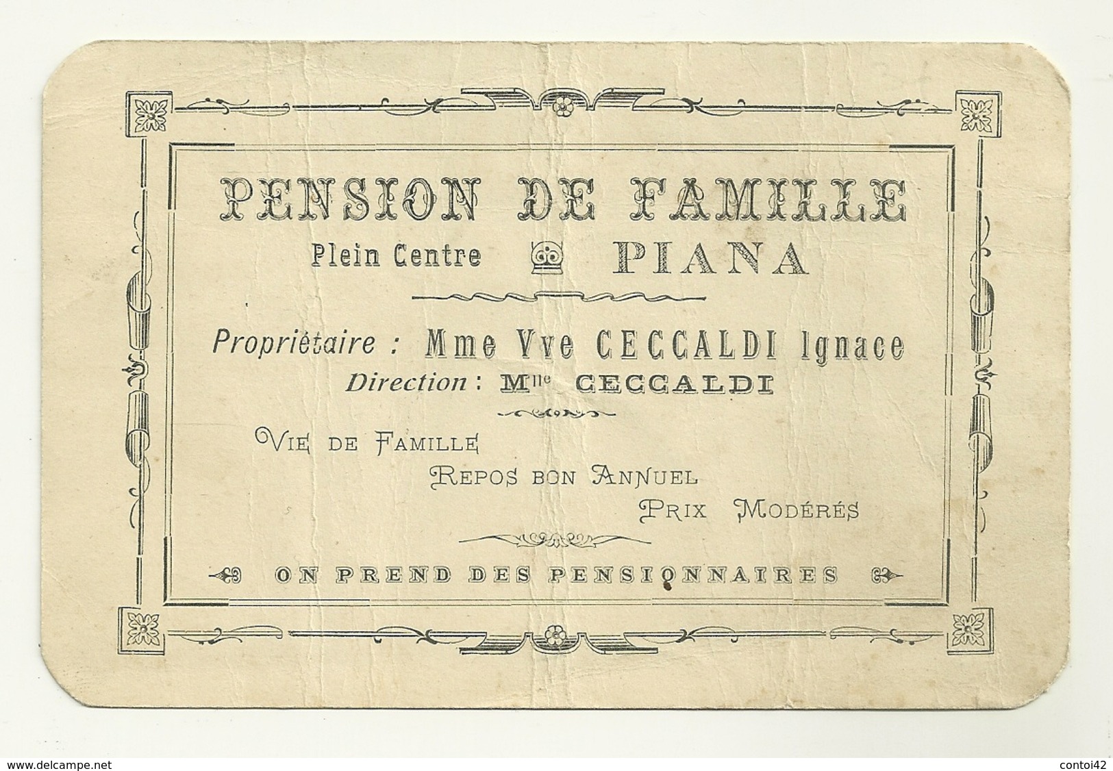 20 PIANA PUBLICITE FORMAT CARTE POSTALE PENSION DE FAMILLE CECCALDI IGNACE COMMERCE CORSE - Advertising