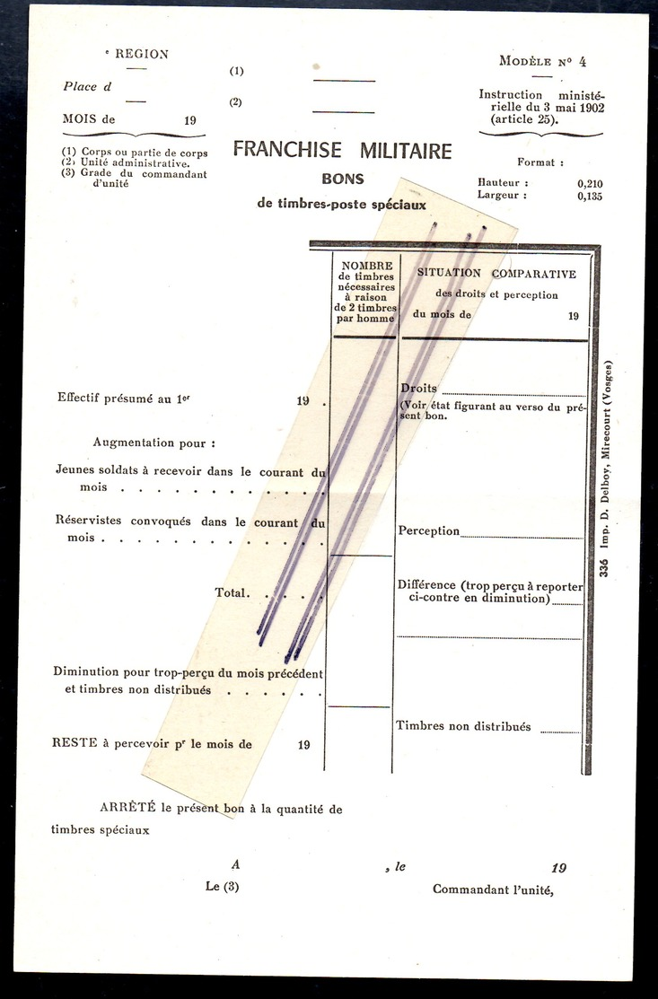 Bon De Commande De Timbres Poste Franchise Militaire Vierge Instruction De 1902 - Timbres De Franchise Militaire