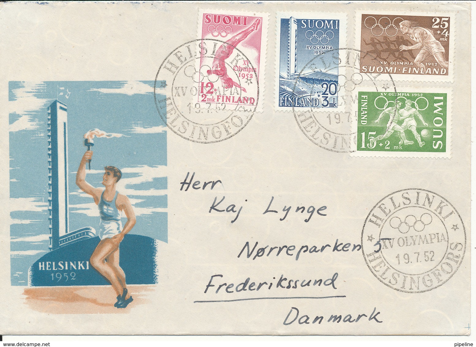 Finland FDC 19-7-1952 Complete Set Of 4 Olympic Games Helsinki 1952 Sent To Denmark With Cachet - FDC