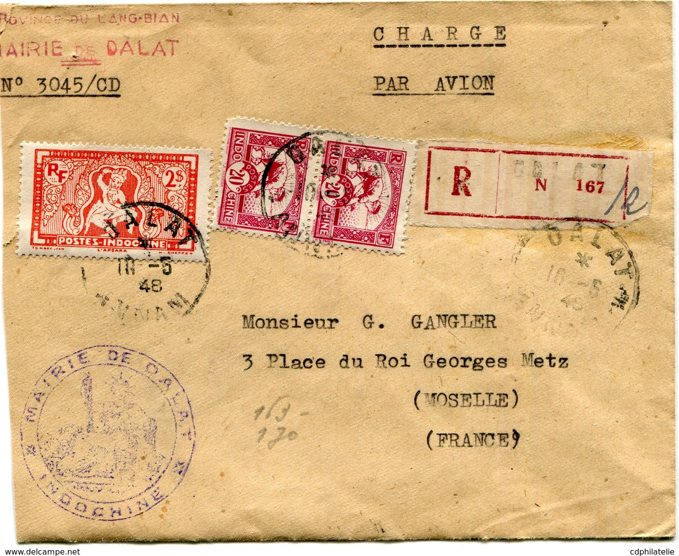 INDOCHINE LETTRE RECOMMANDEE PAR AVION DEPART DALAT 10-5-48 ANNAM POUR LA FRANCE - Storia Postale