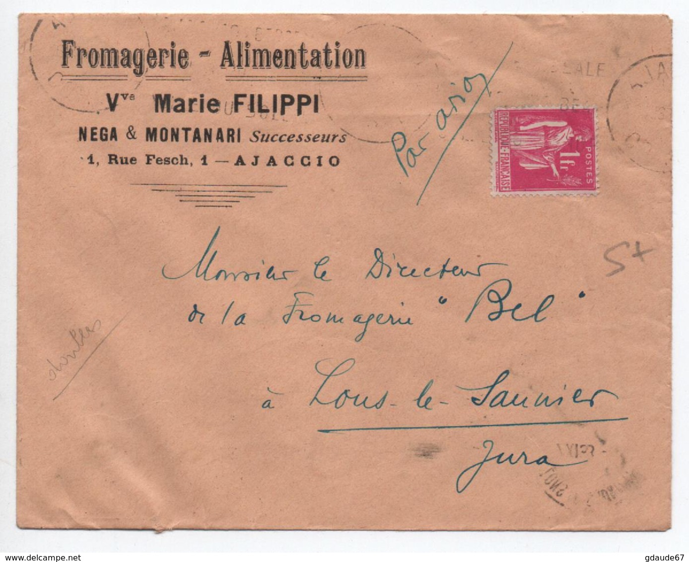 1938 - ENVELOPPE COMMERCIALE D'AJACCIO (CORSE) - 1921-1960: Modern Period