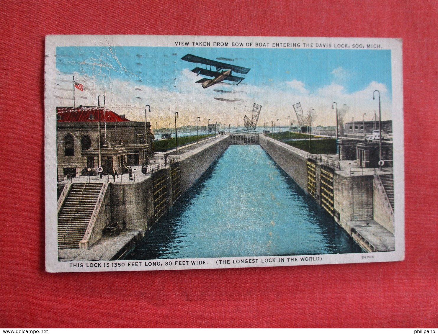 Airplane  Over Davis Lock Soo   Michigan     As Is Crease Left Side Stamp Removed    Michigan      Ref 2972 - Other & Unclassified