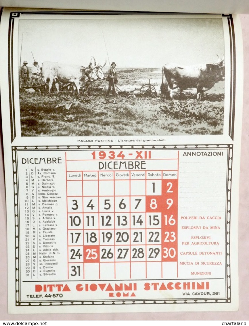 Collezionismo - Caccia - Calendario Stacchini Roma - Le Paludi Pontine - 1934 - Otros & Sin Clasificación