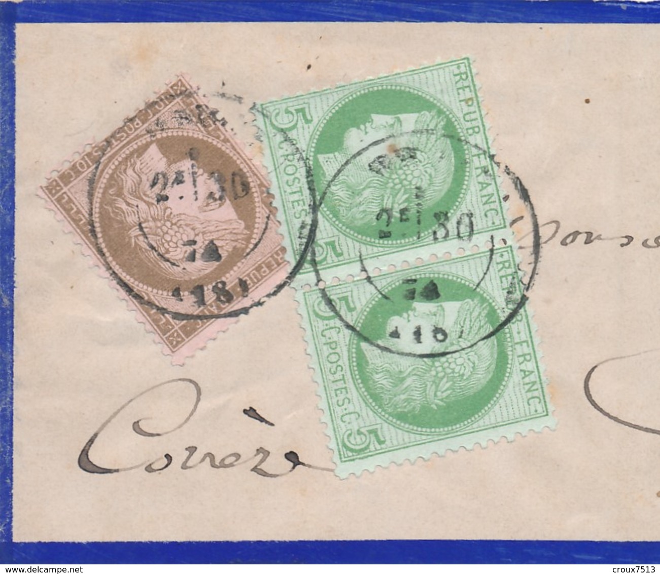 Corrèze 1874 Affr à 20 C Sur Bande Signée Calves TB. - 1871-1875 Ceres