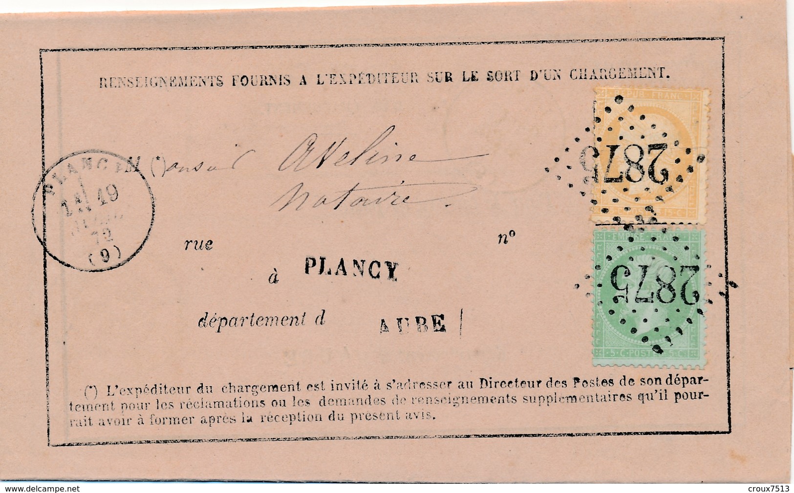 Renseignements 1872 GC 2875 (Plancy) Avec N°s 20 Et 59 TB. - 1871-1875 Cérès