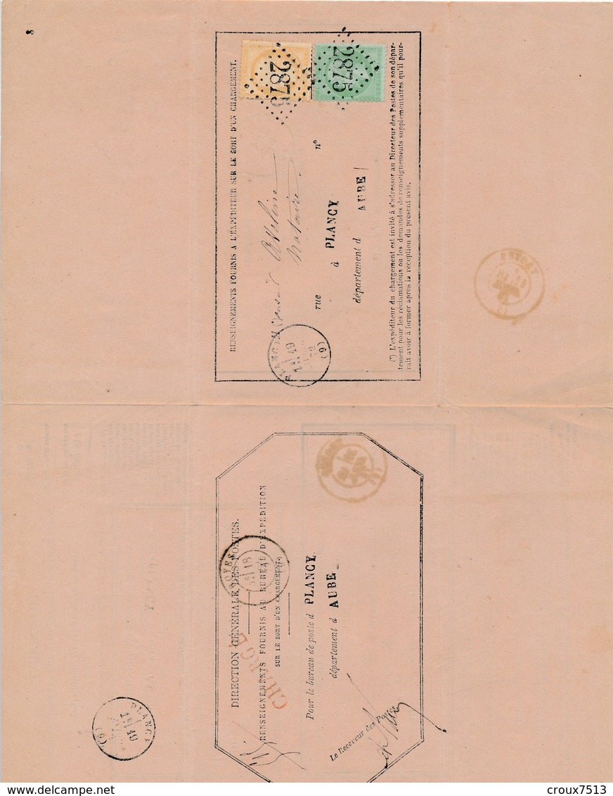 Renseignements 1872 GC 2875 (Plancy) Avec N°s 20 Et 59 TB. - 1871-1875 Cérès