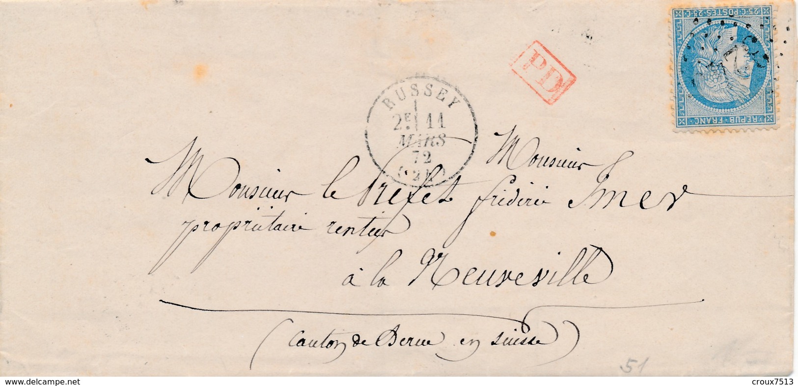 1872 LSC De Russey (GC 3249) Tarif Frontalier à 25 C Pour La Suisse TB. - 1871-1875 Cérès