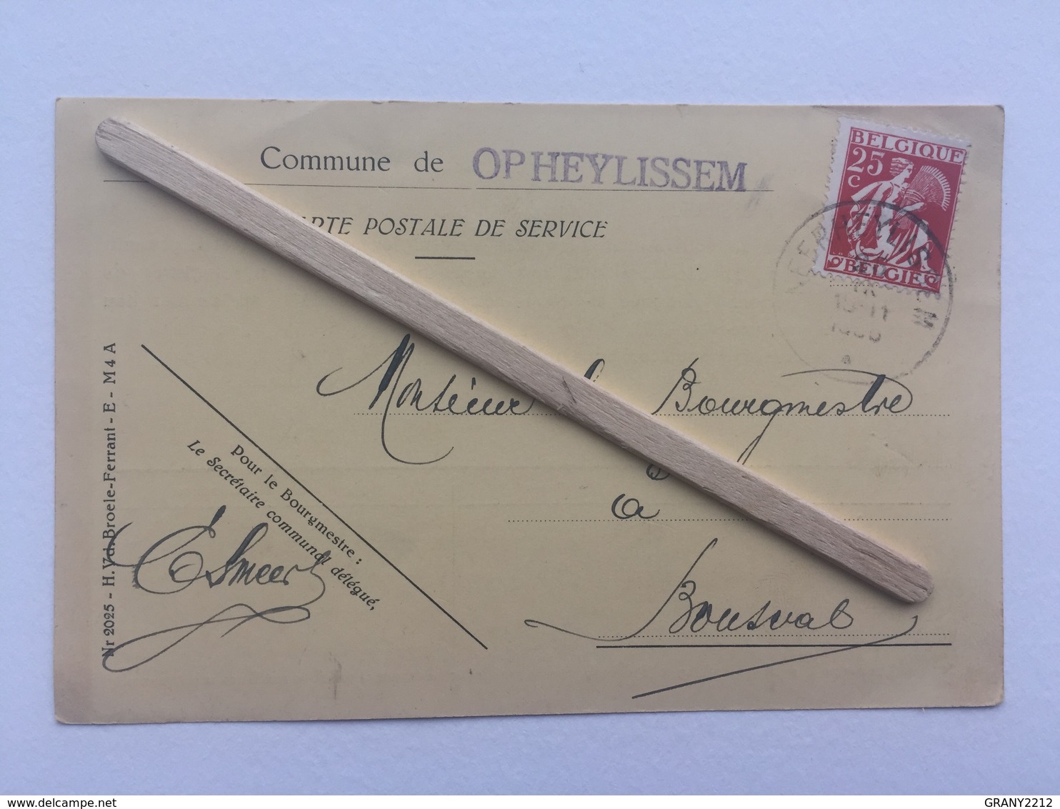 GENAPPE -OPHEYLISSEM »CARTE POSTALE DE SERVICE ADRESSÉE AU BOURGMESTRE DE BOUSVAL(1936)Nº 2025 - Genappe