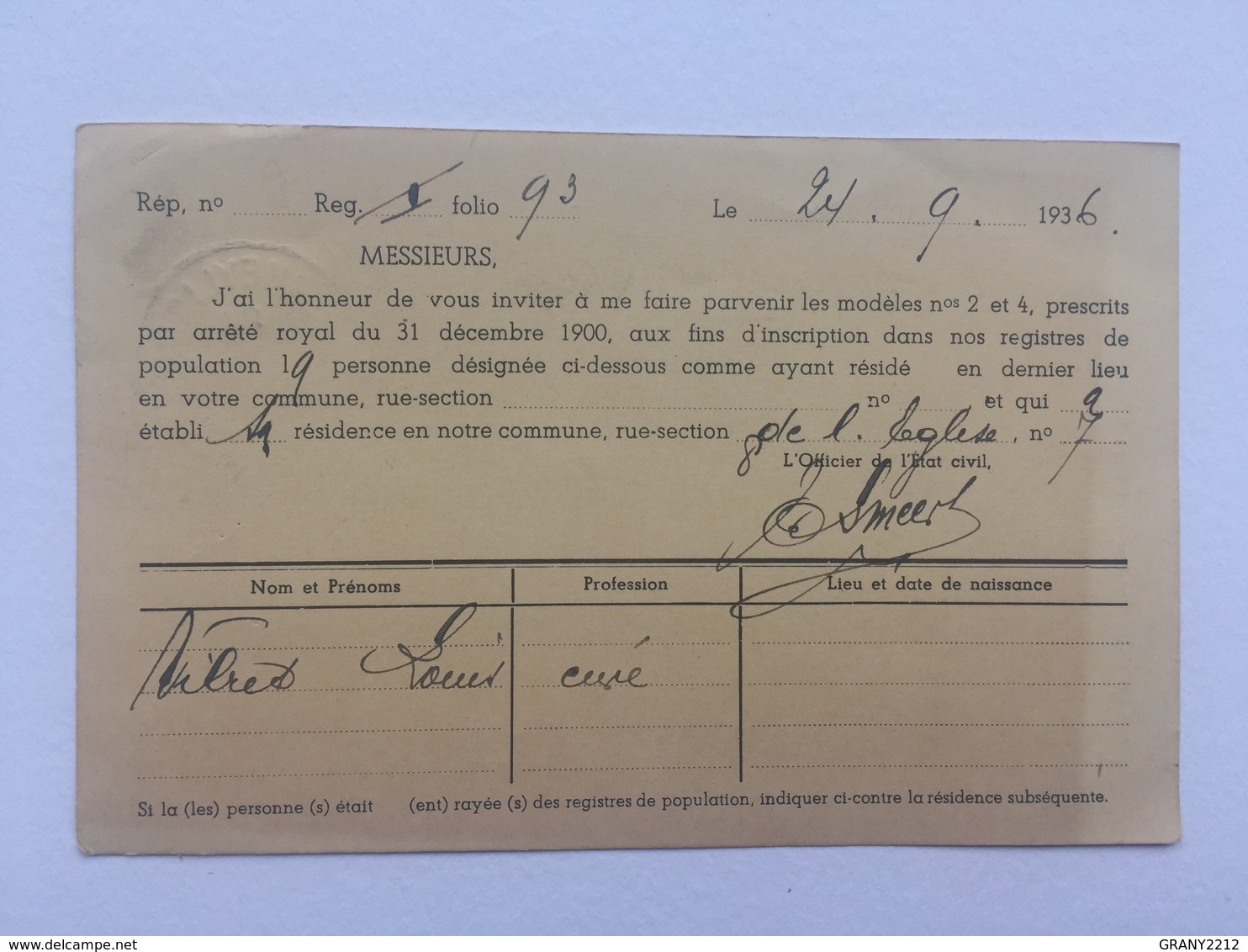 GENAPPE -OPHEYLISSEM »CARTE POSTALE DE SERVICE ADRESSÉE AU BOURGMESTRE DE BOUSVAL(1936)Nº 2025 - Genappe