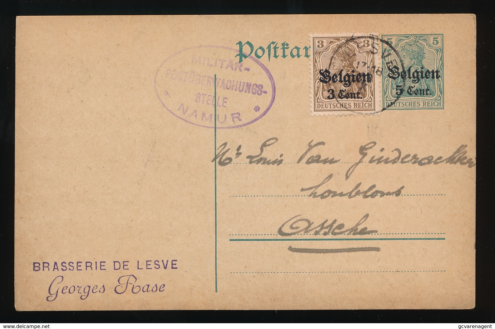 BRASSERIE DE LESVE - GEORGES RASE   - DUITSE CONTROLE STEMPEL 1916 - NAAR ASSE -  ZIE 2 AFBEELDINGEN - Asse