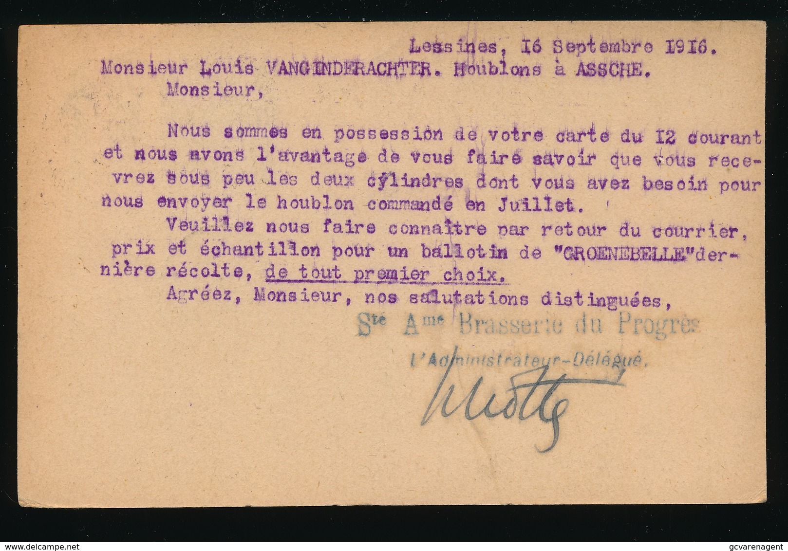 BRASSERIE DU PROGRES - LESSINES    - DUITSE CONTROLE STEMPEL 1916 - NAAR ASSE -  ZIE 2 AFBEELDINGEN - Asse