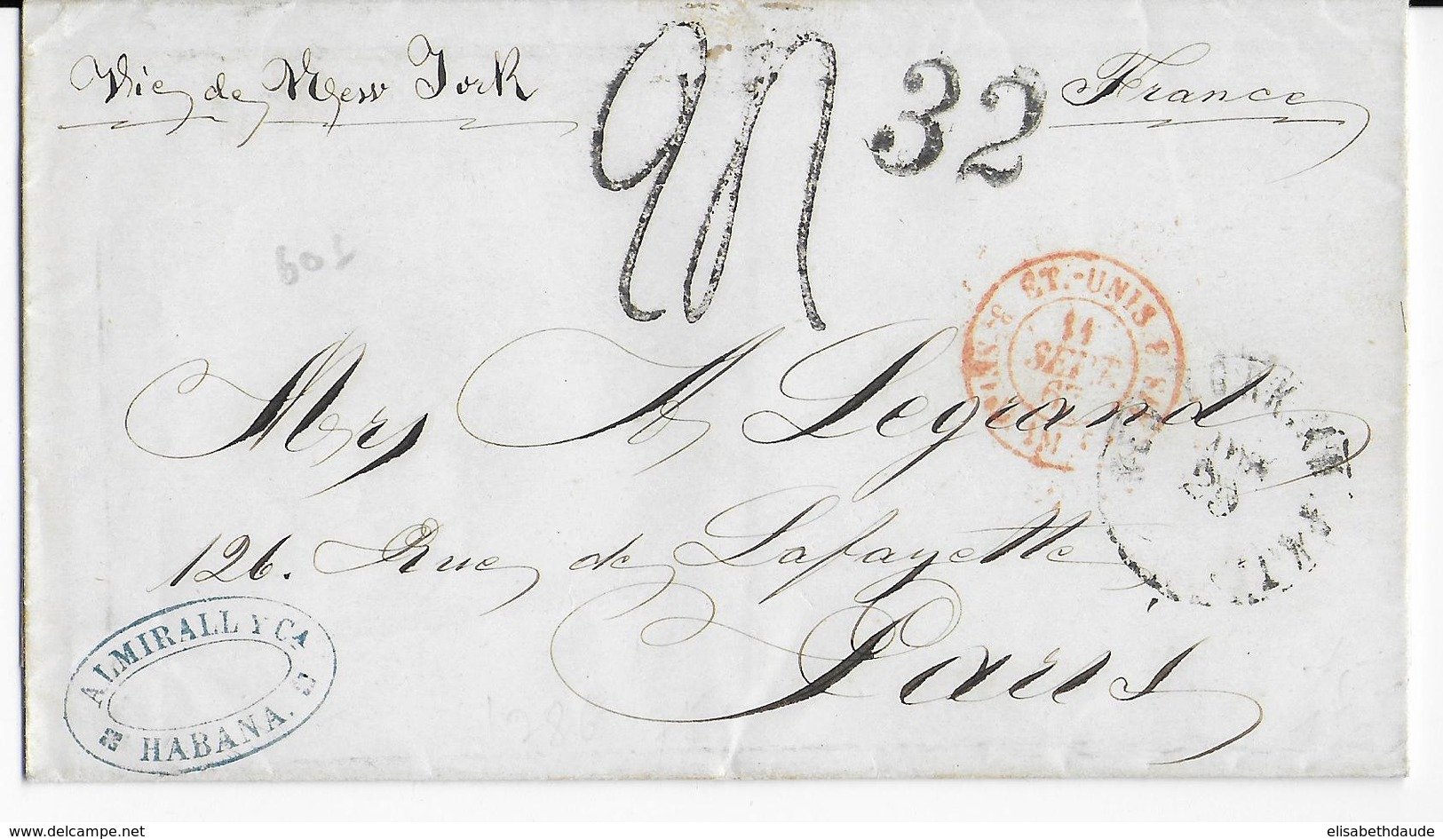 1867 - LETTRE De HABANA (C UBA) => PARIS Avec ENTREE ETATS UNIS - DOUBLE TAXE - Entry Postmarks