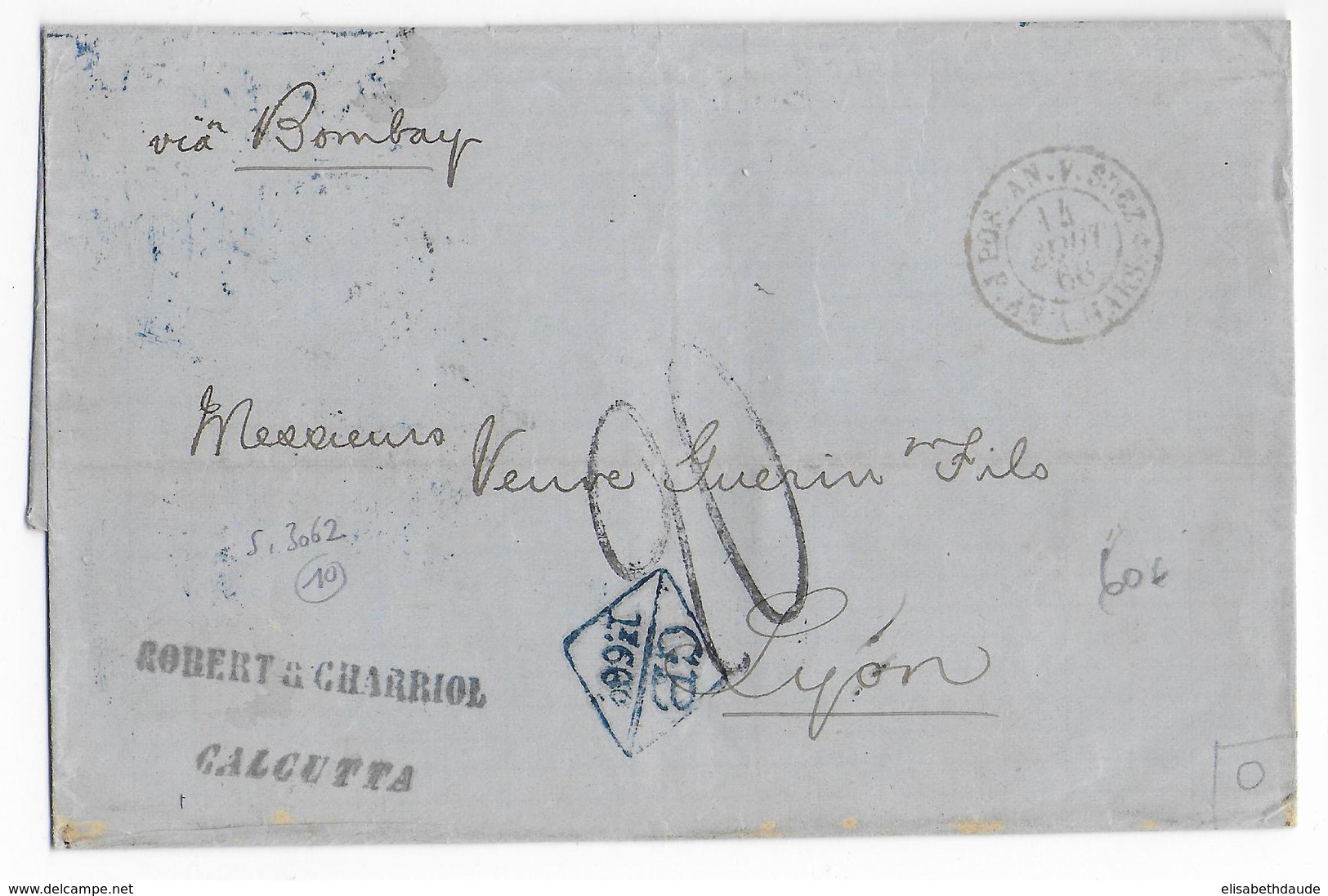 INDE - 1868 - LETTRE De CALCUTTA => LYON Avec ENTREE "POS.AN.V.SUEZ" PAQUEBOT ANGLAIS Avec TAXE - Entry Postmarks