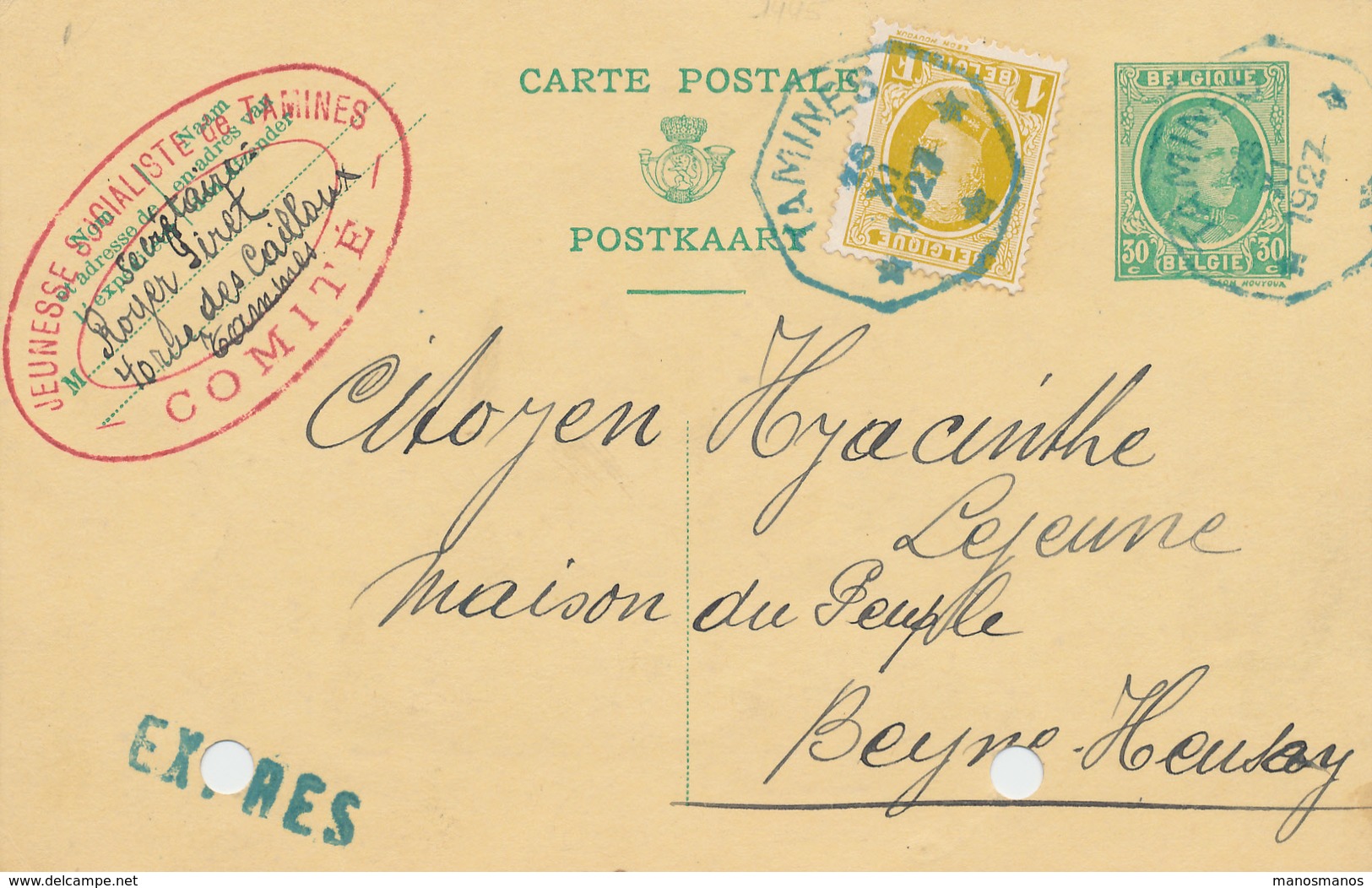 771/26 - Entier Postal Houyoux + TP Dito En EXPRES Télégraphique TAMINES En BLEU 1927 -Cachet Jeunesse Socialiste Comité - Cartoline 1909-1934