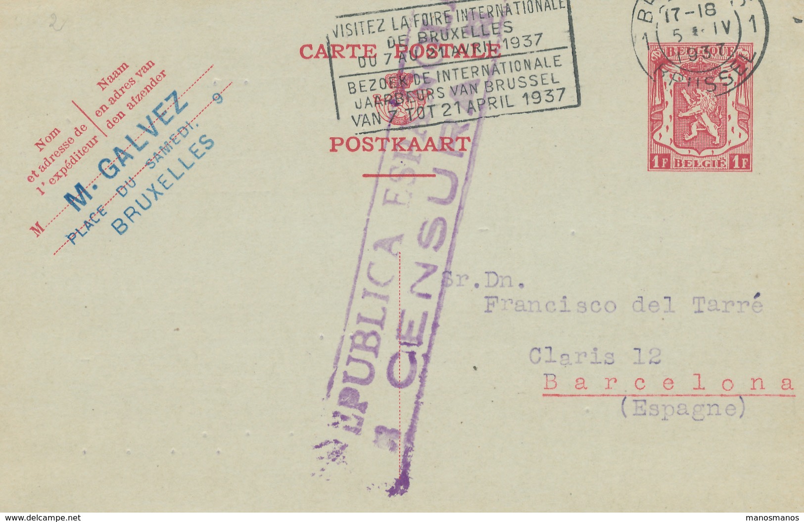 772/26 - Entier Postal Petit Sceau BRUXELLES 1937 Vers BARCELONA - Censure Républicaine Espagnole - Tarjetas 1934-1951