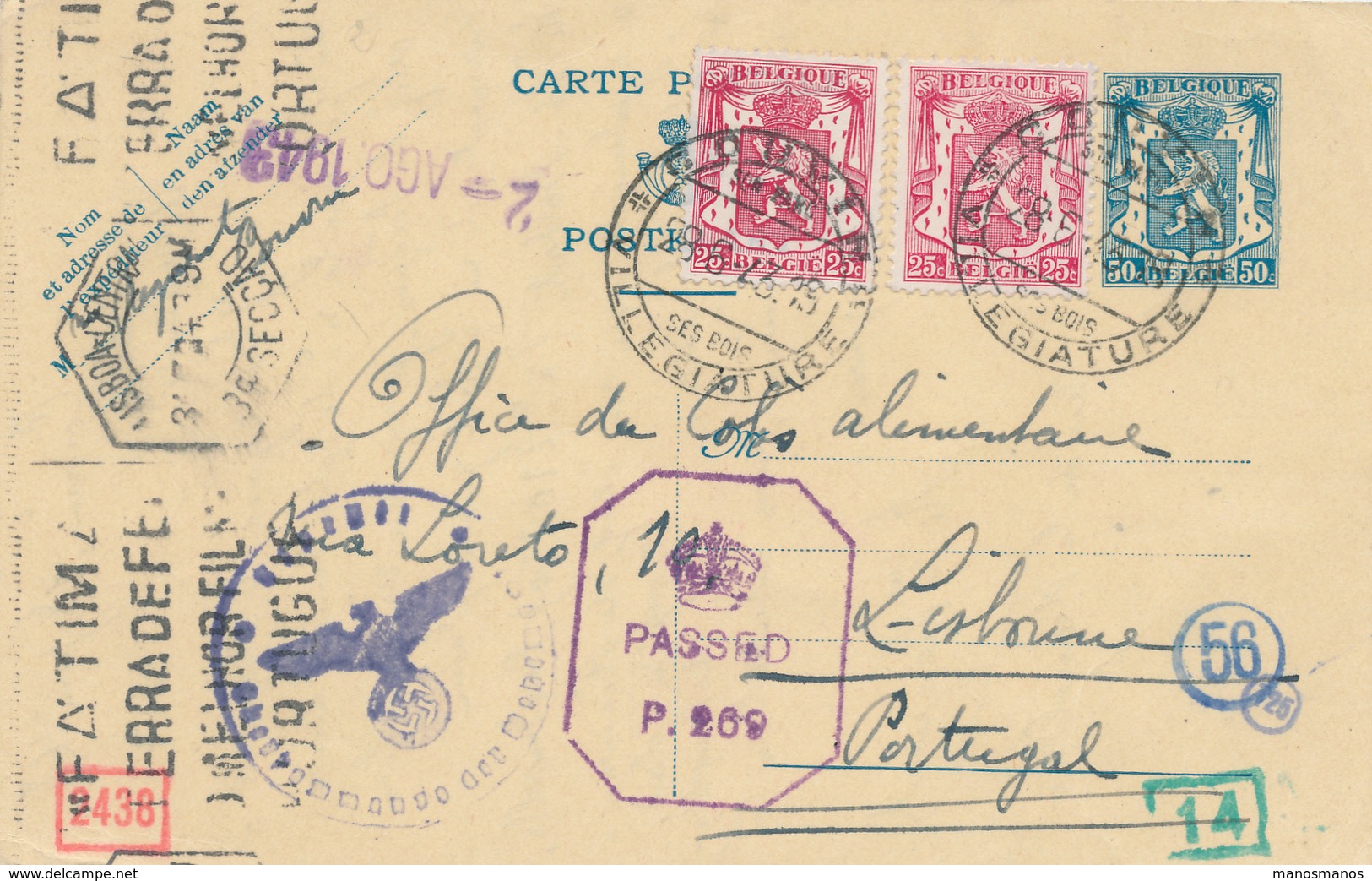 773/26 - Entier Postal Petit Sceau COUVIN 1943 Vers O.C.A. LISBONNE - Transféré Vers  Grande-Bretagne - Censure Anglaise - Guerre 40-45 (Lettres & Documents)