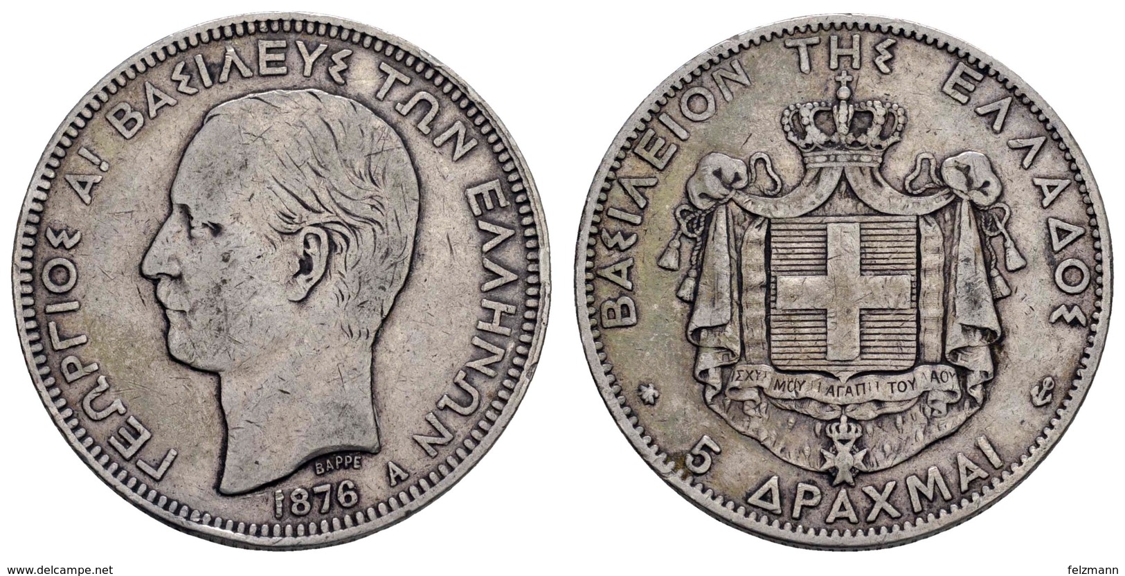 Georg I., 1863-1913, 5 Drachmen, 1876 A, Paris,  KM 46, Ss- - Greece