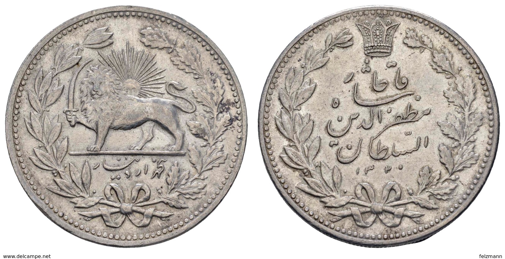 Muzzaffaredin, 1896-1907, 5 Krans, 1902 (1320), Rf., Ansonsten Fast St,  KM 976, Selten In Dieser Erhaltung - Iran