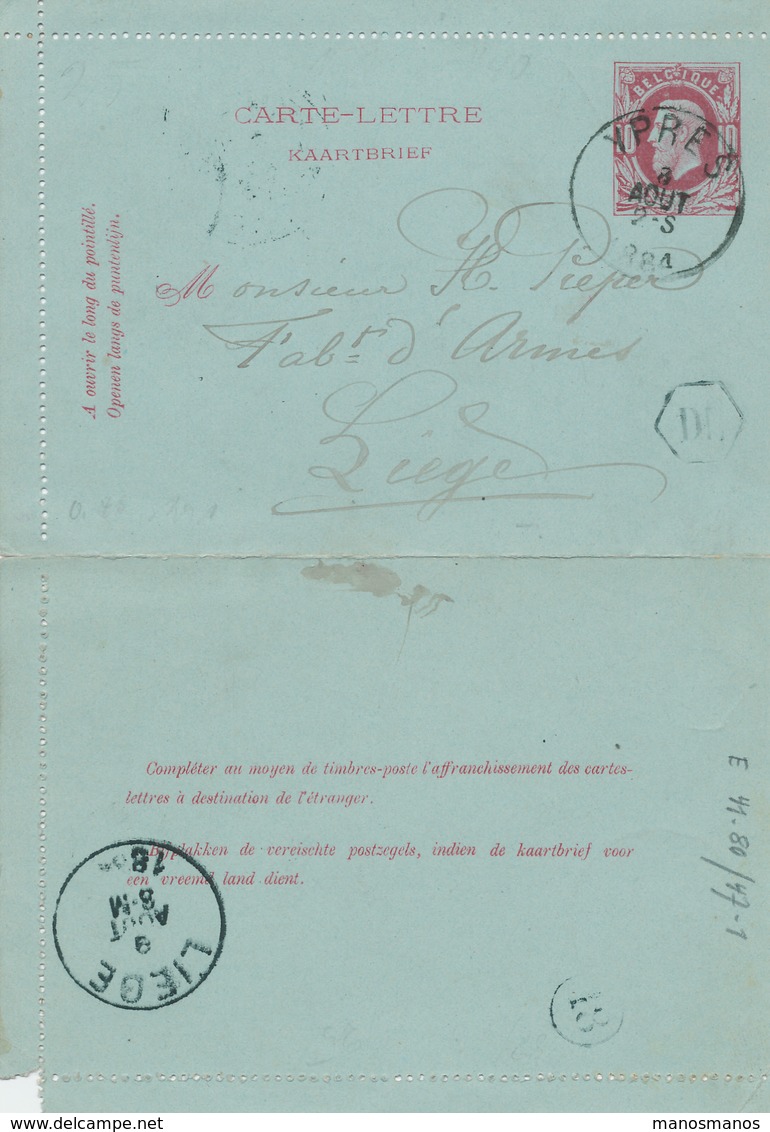 778/26 - Carte- Lettre Emission 1869 YPRES 1884 Vers LIEGE - Boite Urbaine Hexagonale DL - Signé Baron De Vinck - Landelijks Post