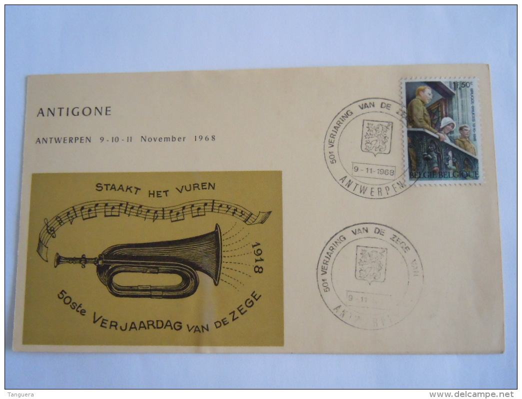 Belgie Belgique Herdenkingskaart Antwerpen 9.11.1968 50ste Verjaardag Van De Zege Staakt Het Vuren Bugel - Souvenir Cards - Joint Issues [HK]