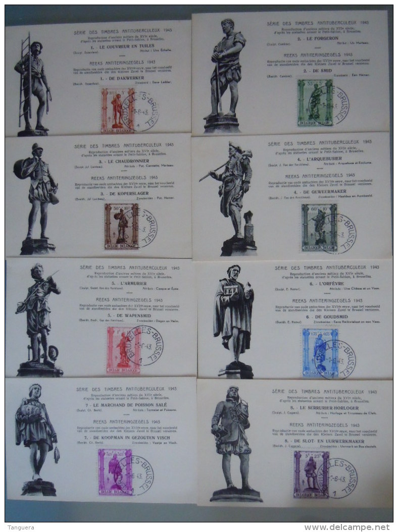 Belgie Belgique 1943 8 Maximum Cartes Kaarten Métiers Ambachten Série Antituberculeux Antiteringszegel Cob Yv 615-622 - 1934-1951