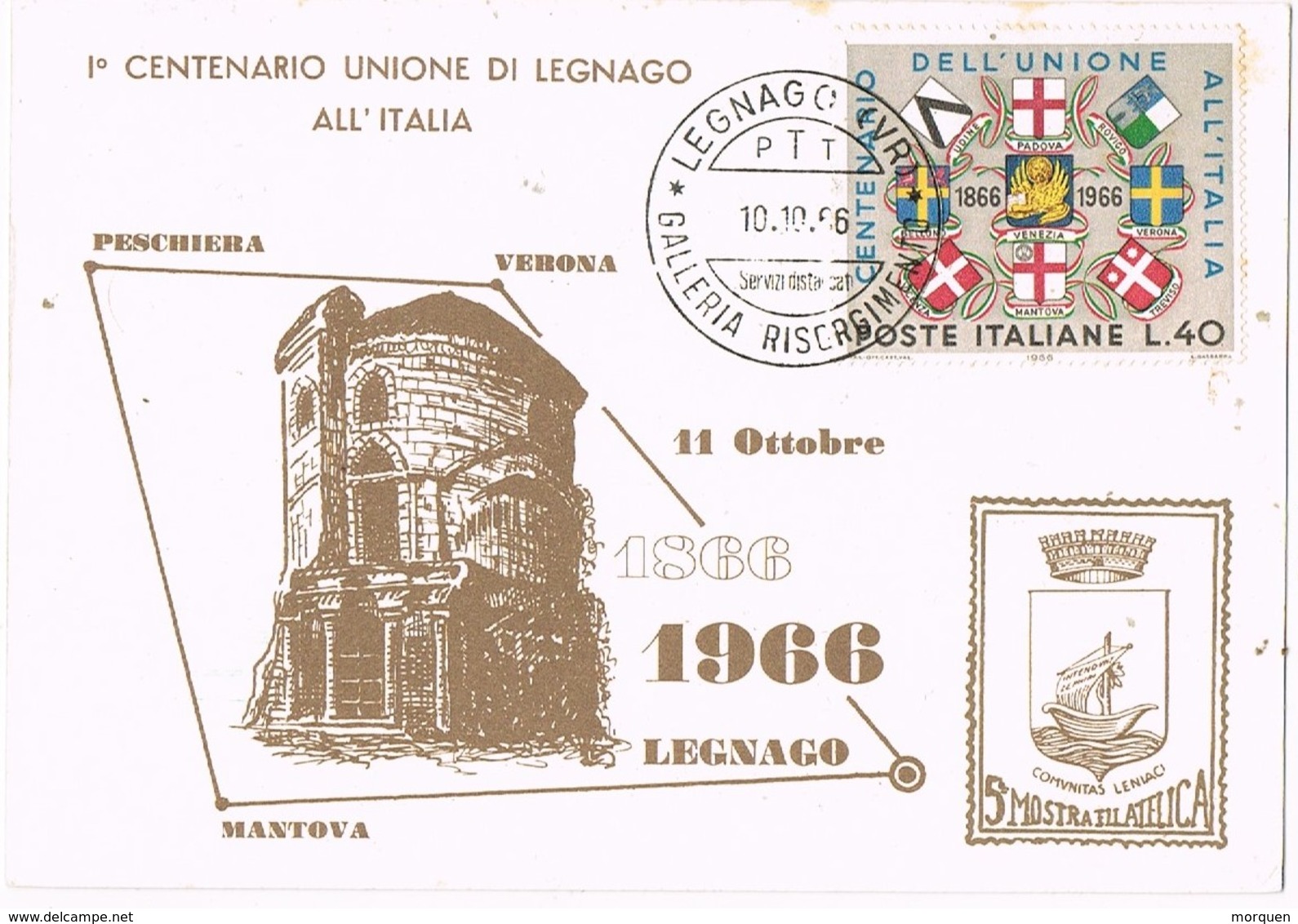 28821. Tarjeta LEGNANO (VR) 1966. 1 Centenario Unione Legnano All'Italia - 1961-70: Storia Postale