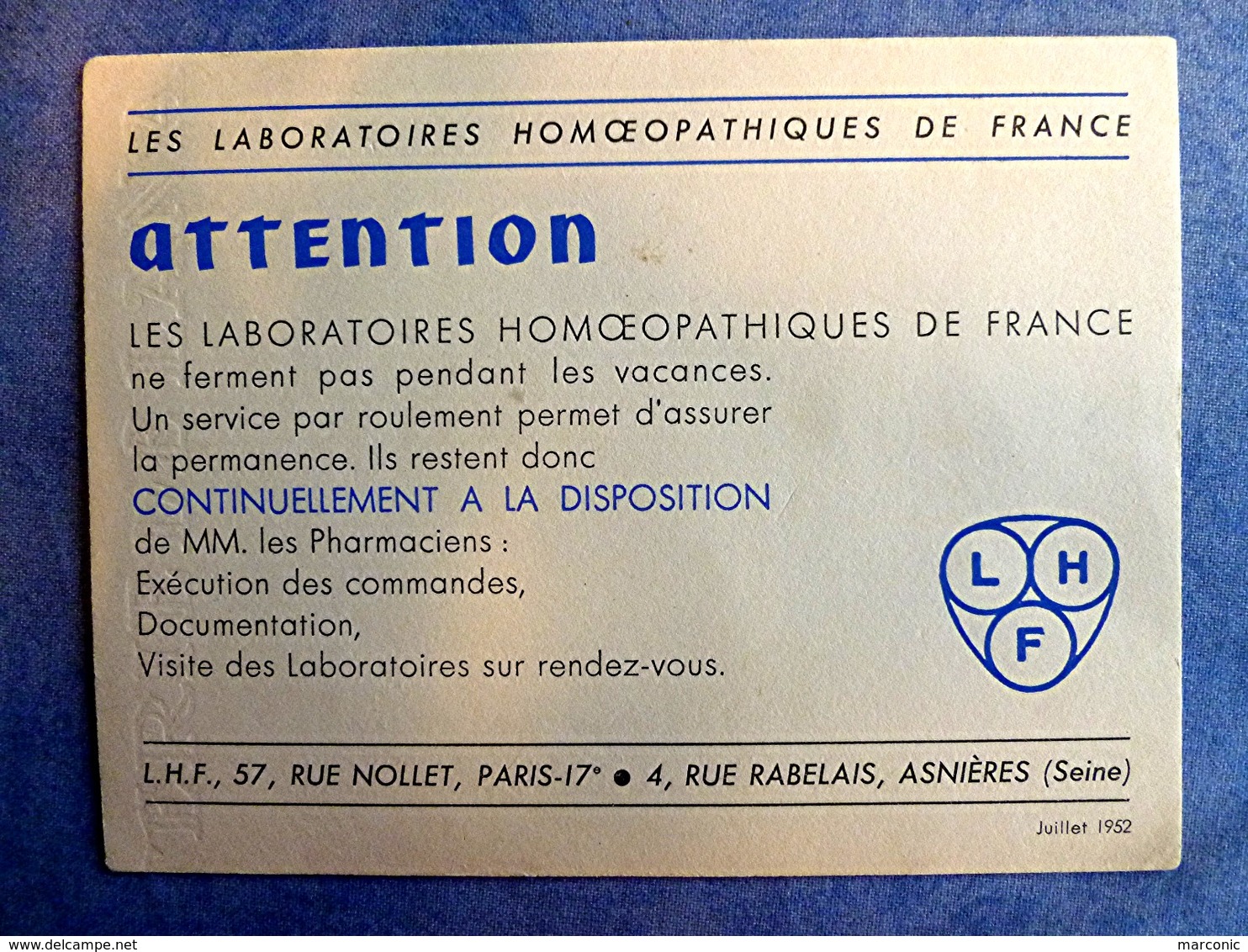 Buvard Ancien, Les LABORATOIRES HOMEOPATHIQUES De FRANCE LHF, Asnières - Informations Clientèle - Produits Pharmaceutiques