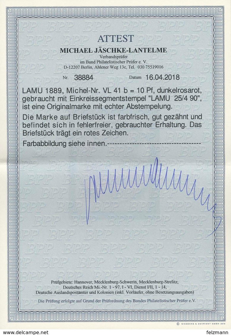 Briefstück LAMU 25/4 90 Ideal Klar Auf Kabinett-Briefstück 10 Pfg Dunkelrosarot, Farbfrisch Und Gut Gezähnt, Fotoattest  - Sonstige & Ohne Zuordnung