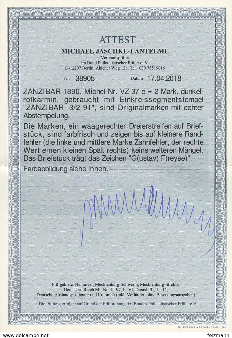 Briefstück ZANZIBAR 1/6 (91) Mehrfach Auf Waagerechtem Dreierstreifen (!) 2 Mk Dunkelrotkarmin Auf Bedarfs-Briefstück, U - Sonstige & Ohne Zuordnung