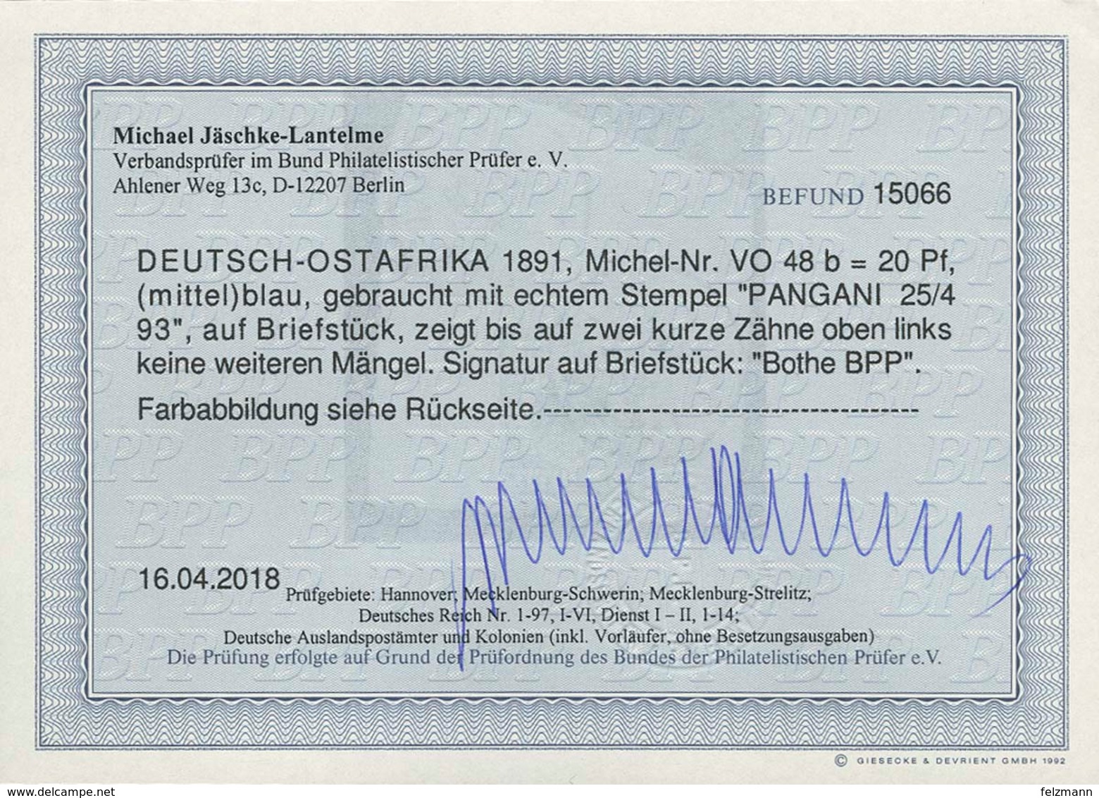 Briefstück PANGANI 25/4 93 Zweimal Klar Auf Größerem Briefstück Mit 20 Pfg Krone/Adler Mittelblau, Bis Auf 2 Kurze Zähne - Sonstige & Ohne Zuordnung