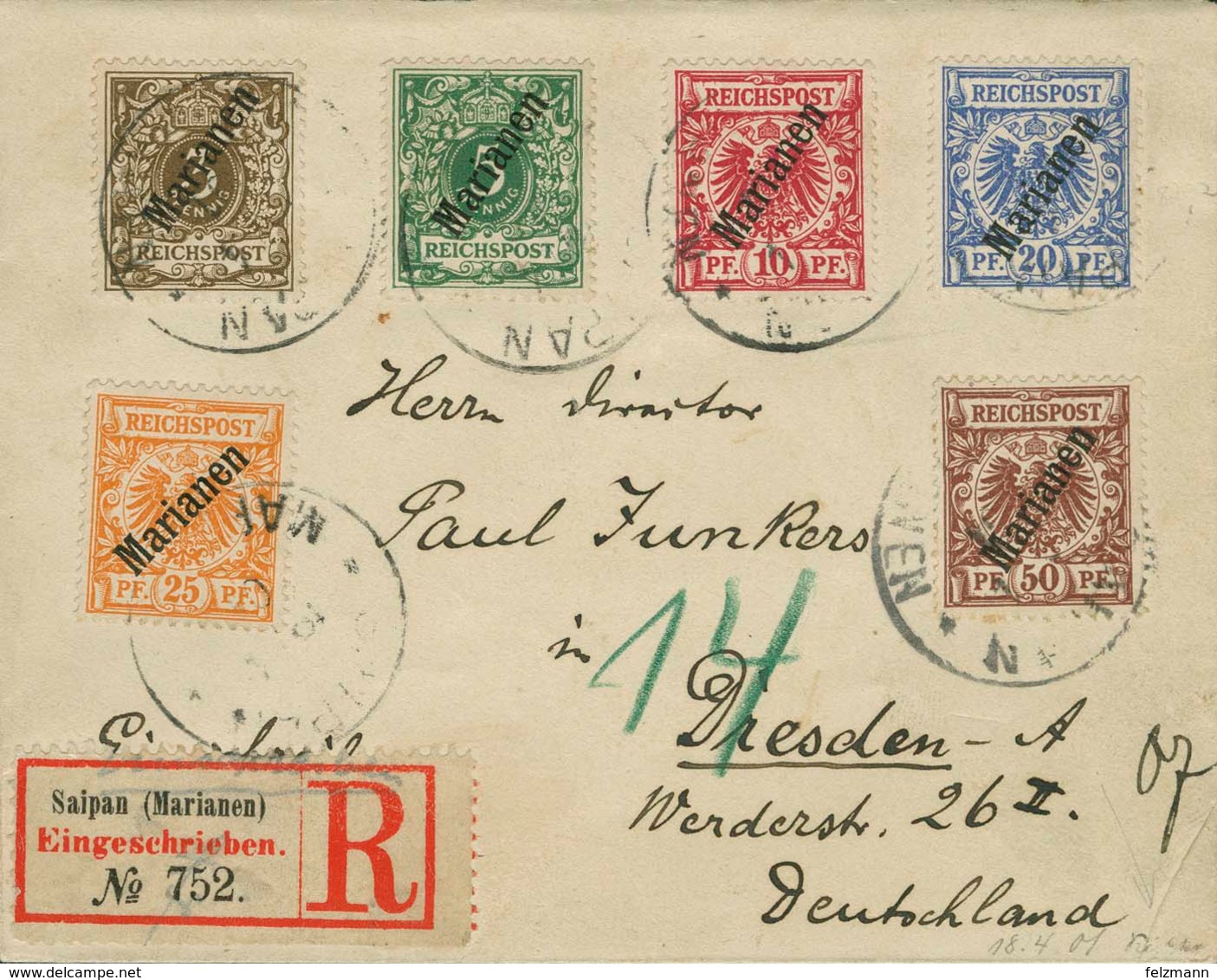 Brief 25 Pfg Gelblichorange Diagonalaufdruck Mit Steilaufdruck Beifrankatur Auf R-Brief SAIPAN 19/4 01 Nach Dresden Mit  - Sonstige & Ohne Zuordnung